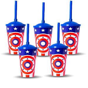 5 Copos Plástico com Tampa e Canudo Decoração Capitão Festa