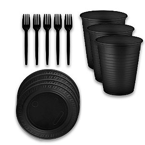 Kit festa Descartáveis Preto 85 pçs copo + garfos + Pratos