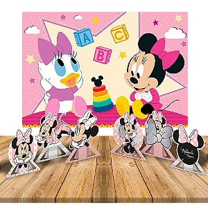 Kit Festa Minnie Rosa Decoração Painel 1,26m GG + 6 Display