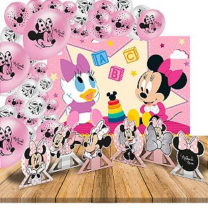Kit festa Decoração Minnie Rosa 25 Balões +Painel +6 Display