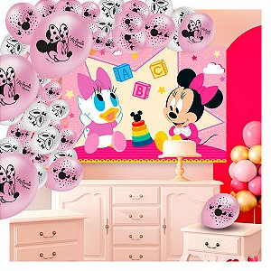 Kit festa Decoração Minnie Rosa 25 Balões + Painel 1,26m GG