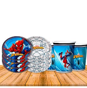 Kit Festa Homem Aranha Decoração 8 Copos + 8 Pratos