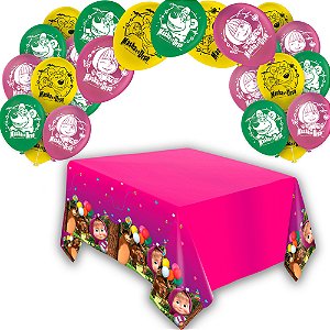 Kit Festa Masha e o Urso Decoração Anive Toalha + 50 Bexigas