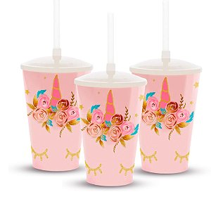 Copo Plastico Com Tampa Canudo Decoração Unicornio 500ml