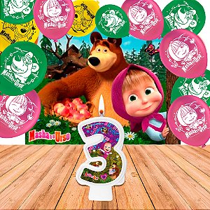 Kit festa Masha e o Urso Decoração Painel + Bexigas + vela 3