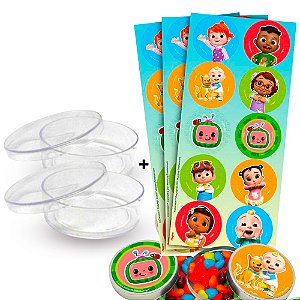 Kit decoração Cocomelon Festa 30 adesivos + 20 Latinhas