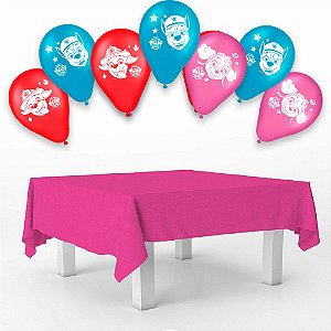 Kit festa Patrulha Canina Decoração Toalha Rosa + 25 balões