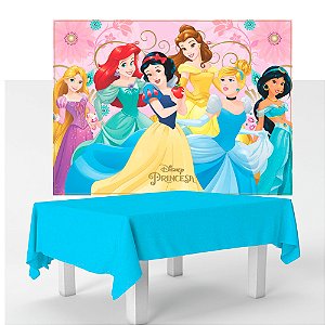 Kit festa Princesas Diney Decoração Toalha Azul +Painel TNT