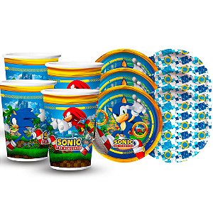 Kit Festa Sonic Decoração Aniversário Copos + Pratos 16 unid