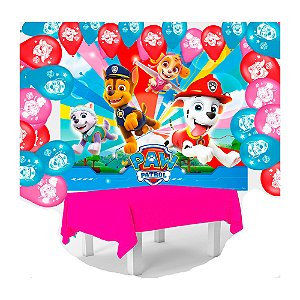 Kit festa Patrulha Canina Painel+ Toalha Rosa +25 balões