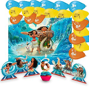 Kit Festa Moana Decoração Painel + Balão +6 Display + Vela 6