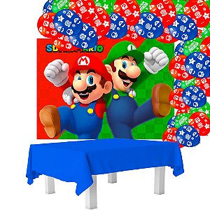 Kit Feta Super Mario Decoração Painel + Toalha azul + Balão