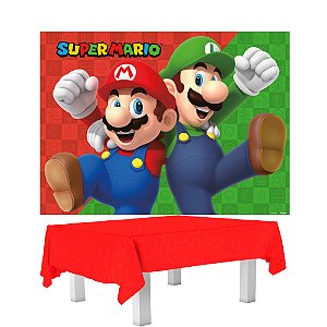 Kit Feta Super Mario Decoração Painel + Toalha mesa Vermelha