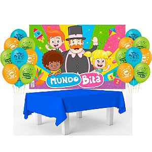 Kit festa Mundo Bita Decoração Balão+ Toalha Azul+ Painel GG