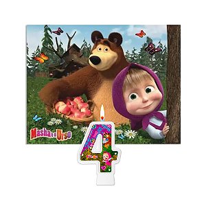 Kit Festa Masha e o Urso Decoração Aniv 4 anos painel + vela