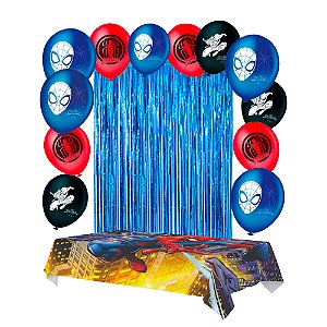 Kit festa Homem Aranha Decoração Cortina Azul+ Balão+ Toalha