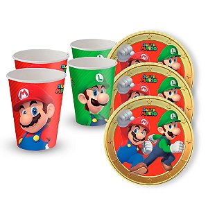 KIt Festa Super Mario Decoração aniver 16 pçs Copos + Pratos