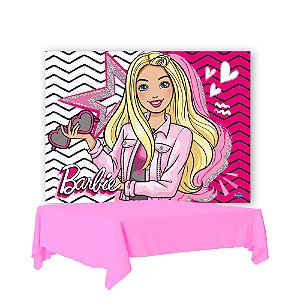 Kit festa Barbie Decoração Toalha Plástica Rosa+ Painel TNT