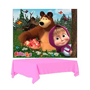 kit festa Masha e o Urso Decora Painel+ Toalha Rosa Plástica
