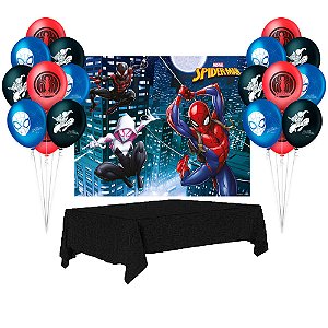 Kit Festa Homem Aranha Painel Plástico+ Balão+ Toalha Preta