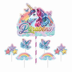 Topo de bolo Decoração Unicórnio kit 7 pçs Festa Aniversário