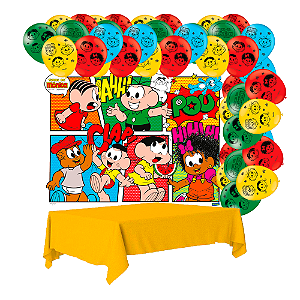 Kit festa Turma da monica Decora Painel+Toalha Amarelo+Balão