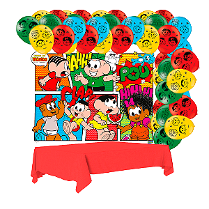 Kit festa Turma da monica Decor Painel+Toalha Vermelho+Balão
