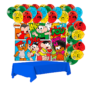 Kit festa Turma da monica Decora Painel+ Toalha Azul + Balão