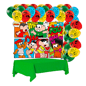 Kit festa Turma da monica Decora Painel+ Toalha Verde+ Balão