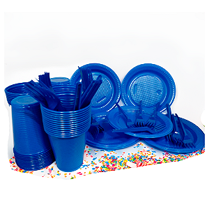 Kit Descartáveis azul Economi 50 Pessoas Pratos Copos Garfos