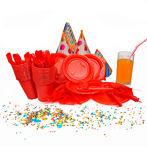 Kit Descartáveis Vermelho 50 Pessoas Pratos Copos Garfos