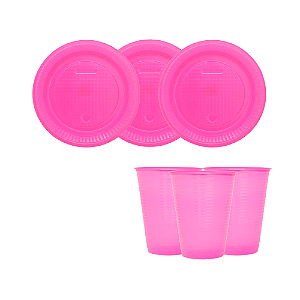 Kit Descartáveis Rosa Econom 140 Pessoas Pratos Copos Garfos