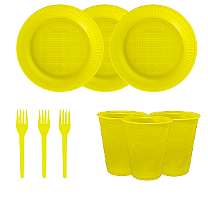Kit Descartáveis Amarelo festas 110peças Pratos Copos Garfos