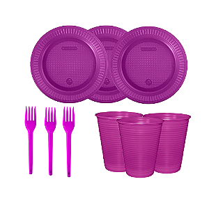 Kit Descartáveis Roxo festas 110peçs Pratos Copos Garfos