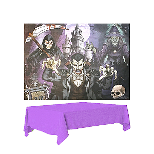 Kit Festa Halloween Decoração Completa Painel + Toalha ROXA