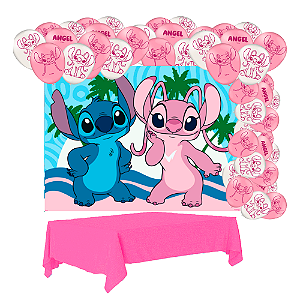 Kit festa Stitch Rosa Decoração Toalha + Painel + 25 Balões