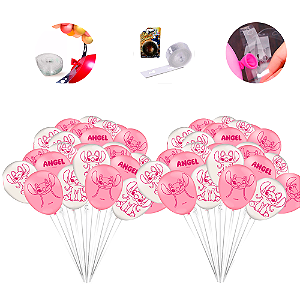 Kit Festa Stitch Rosa Decoração anive 50 Balão +Fita arco 5m