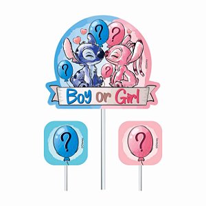 Topo de Bolo Festa Stitch Chá Revelação Decoração 13x22cm