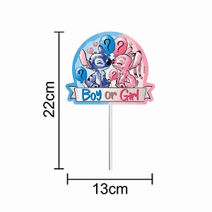 Topo de Bolo Festa Stitch Chá Revelação Decoração 13x22cm