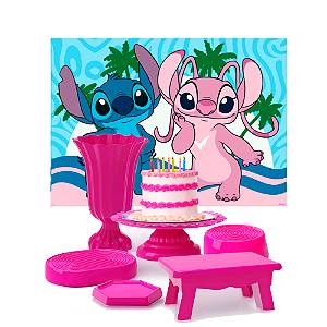 Kit Festa Decoração Stitch Rosa Bandejas+Boleiras+Mesa +Vaso
