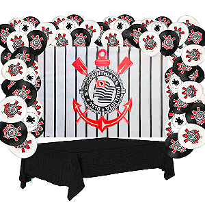 Kit Festa Corinthians Decoração Toalha Preta+ Baloes+ painel