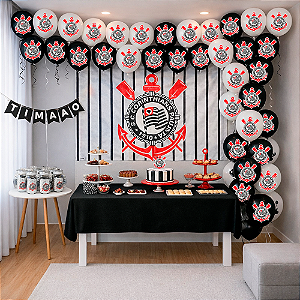 Kit Festa Corinthians Decoração Toalha Preta+ Baloes+ painel