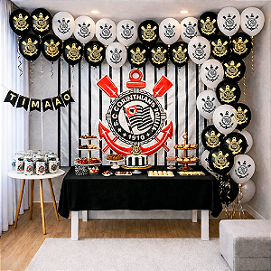 Kit Festa Corinthians Decoração Toalha Preta+ Baloes+ painel