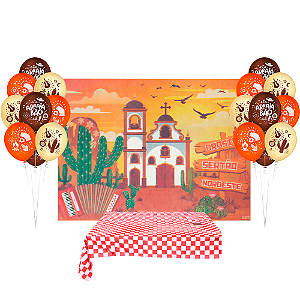 Kit festa Junina Arraia Julina Painel + Toalha 1m+ 25 Balão