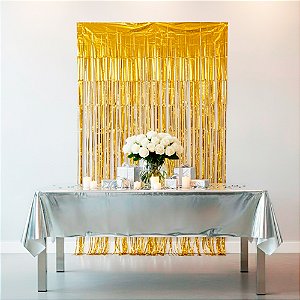 Kit Festa Metalizada Decoração Cortina Dourada +Toalha Prata
