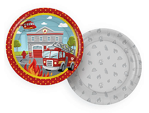 8 Pratos Redondo Decoração Bombeiros Festa Aniversário 18cm