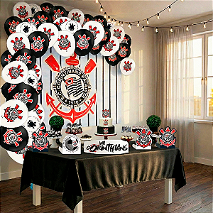 Kit Festa Corinthians Decoração Toalha+Baloes+painel+Display