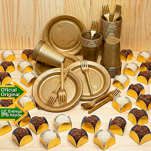 Kit Festa Descartaveis Econômico Aniversário Dourado 200un