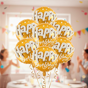 Balão Metalizado Redondo Decoração Happy Birthday Dourado