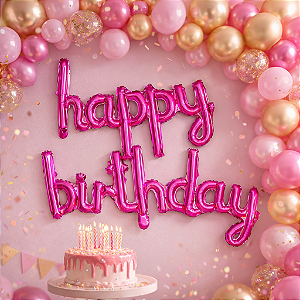 Balão Metalizado Redondo Decoração Happy Birthday Rosa festa